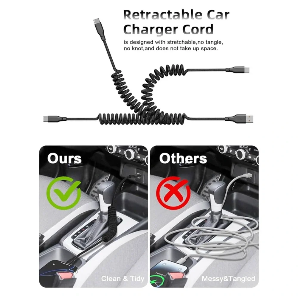 Car Carplay Cable 2Pack 3Ft Coiled Usb A To Usb C Fast Charge Cord